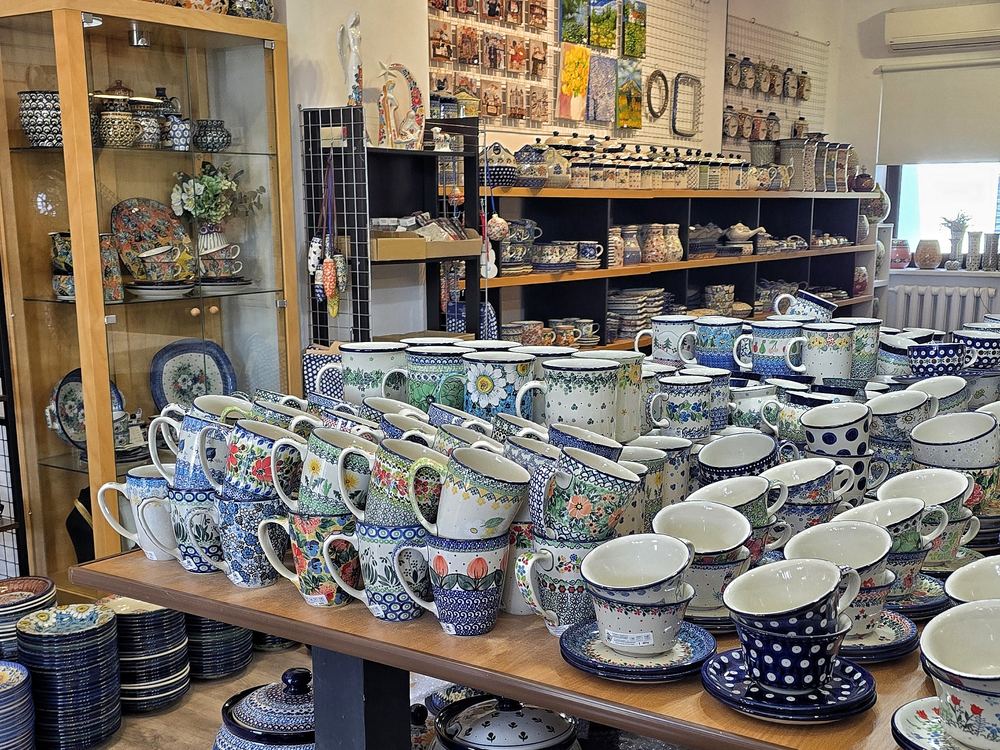 Inside the shop — shelves of hand-painted Bolesławiec pottery